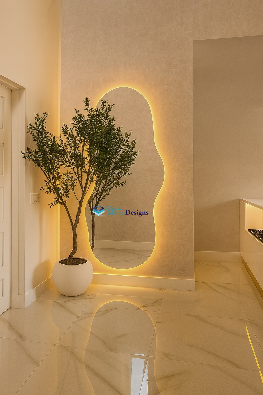 Organic shape LED backlit wall mirror in entryway