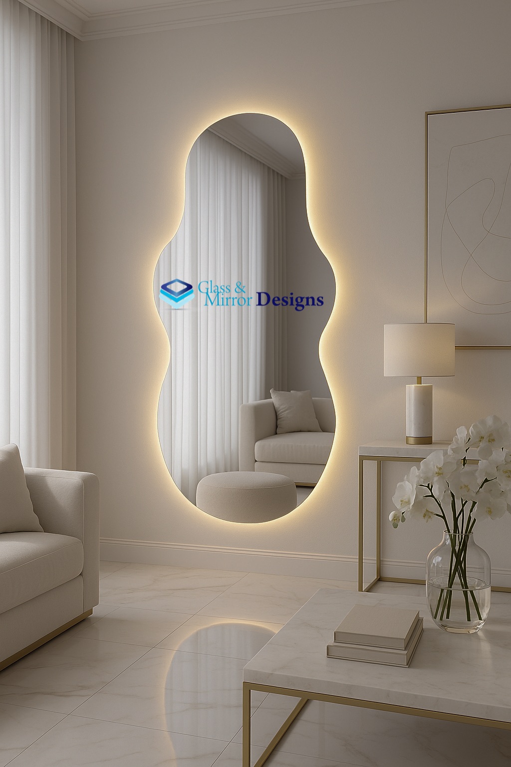 Asymmetrical LED backlit wall mirror in living room