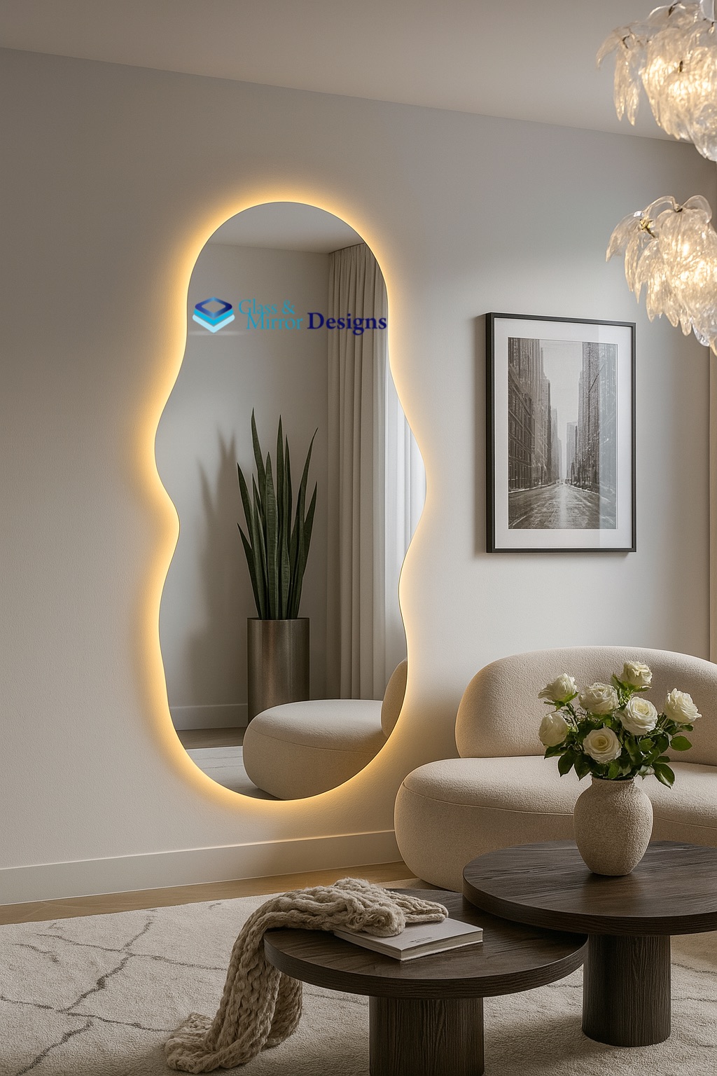 Organic shape LED backlit mirror in lounge