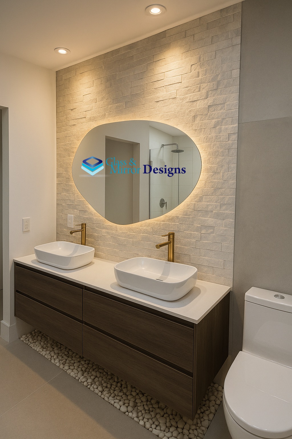 Oval LED backlit vanity mirror over double sink