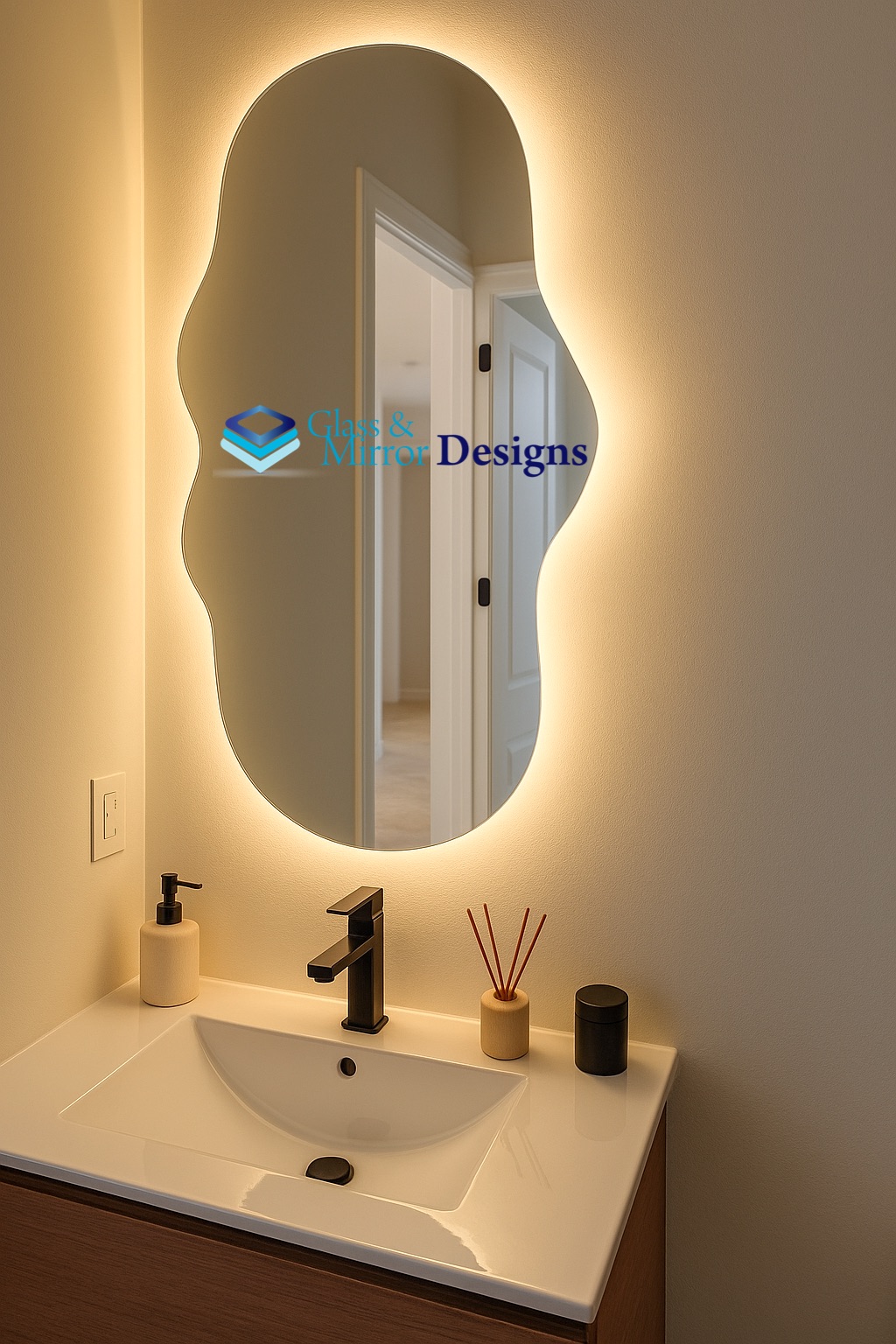 Organic shape LED backlit vanity mirror in bathroom