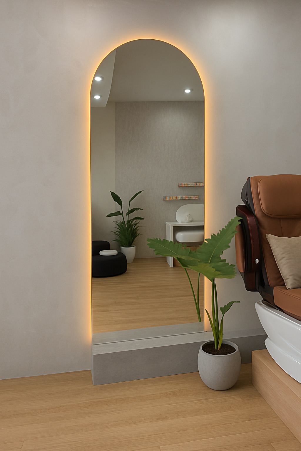 Arch shaped LED backlit wall mirror