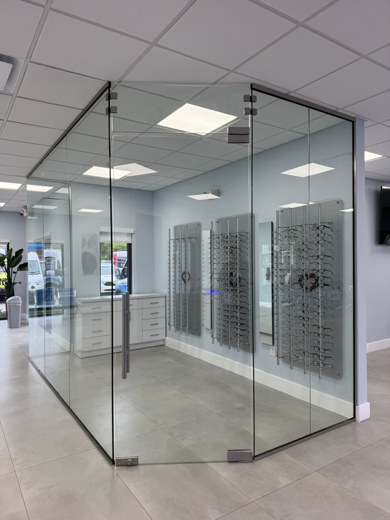 Glass office front in retail space