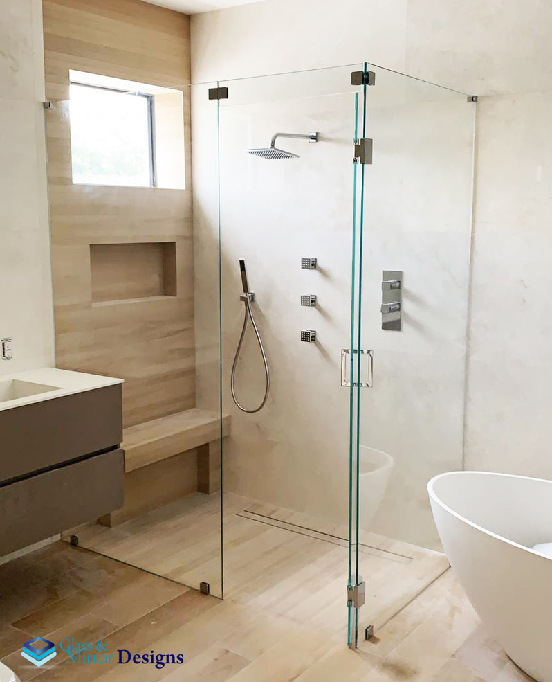 Sliding shower door hardware detail in chrome