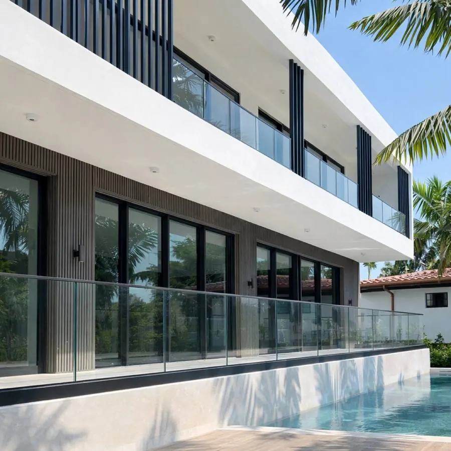 Glass pool and terrace railings on a modern home
