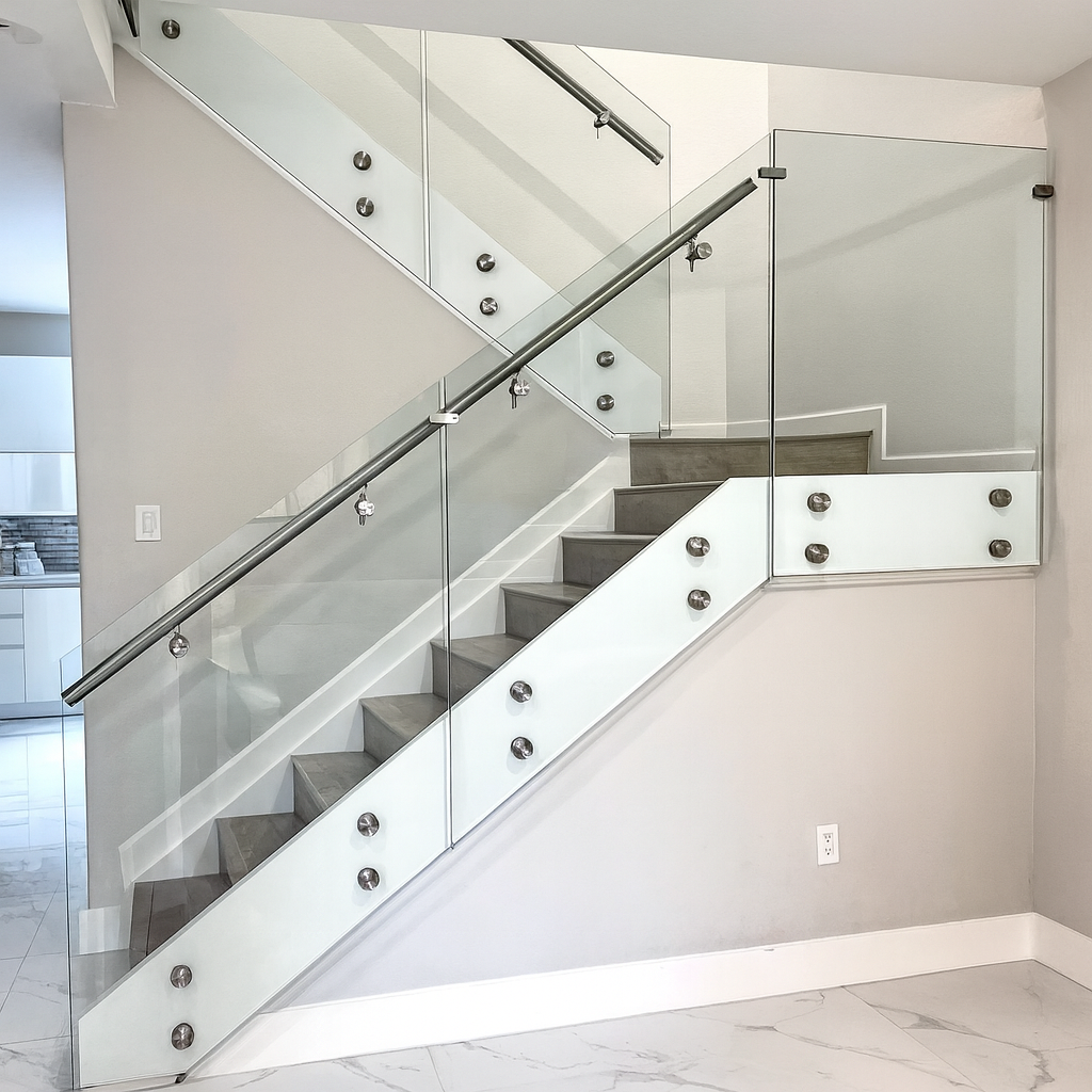 Standoff glass railing featuring round brushed nickel hardware and a rounded handrail for a clean, modern aesthetic. Standoff glass railing featuring round brushed nickel hardware and a rounded handrail for a clean, modern aesthetic.