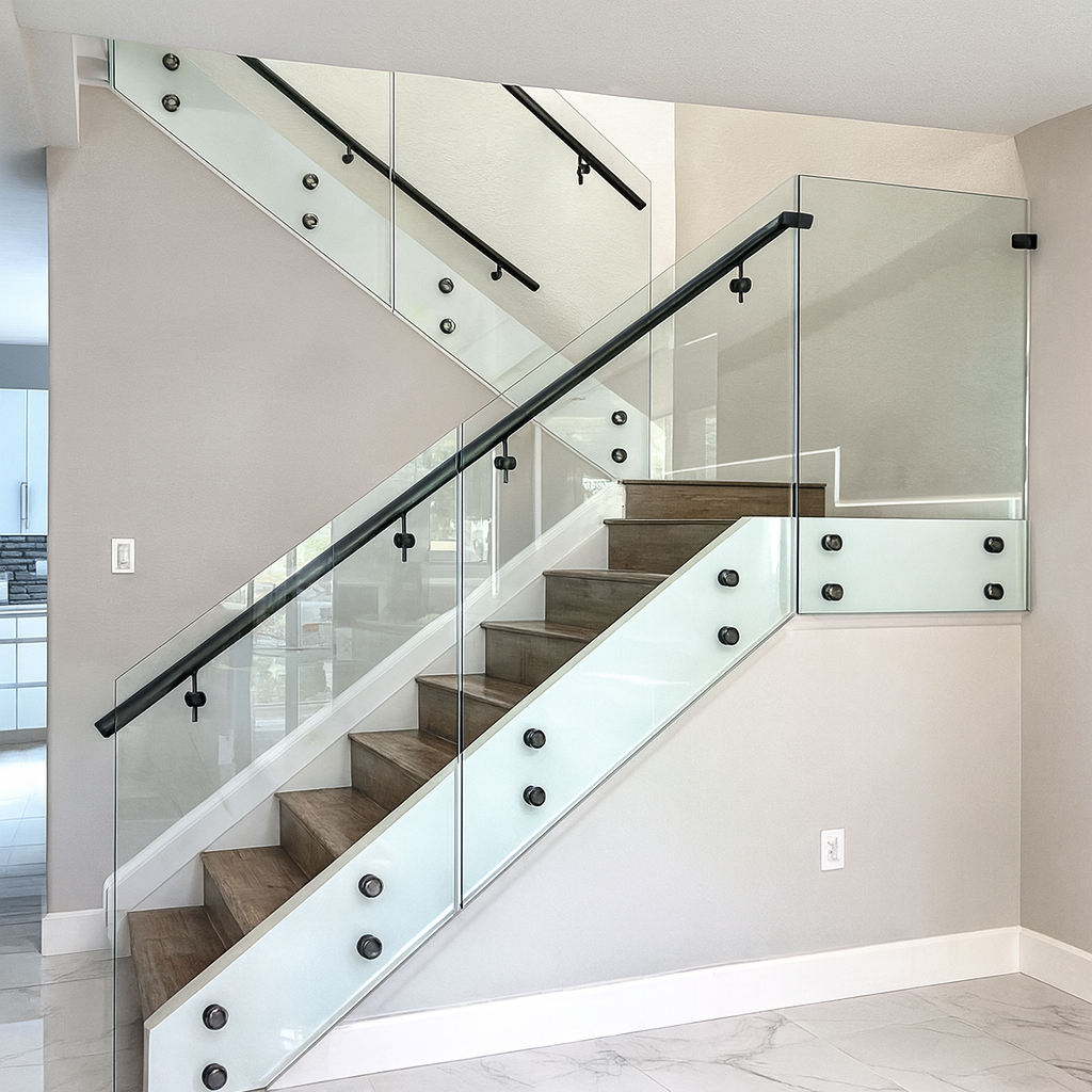 Staircase featuring a frameless standoff glass railing with a matte black handrail and hardware. Staircase featuring a frameless standoff glass railing with a matte black handrail and hardware.