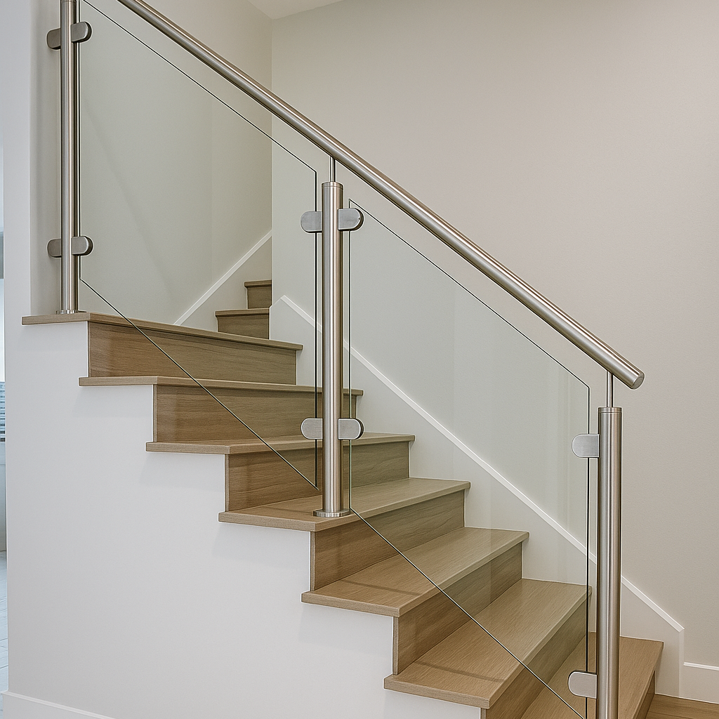 Frameless glass railing featuring brushed nickel posts for a refined, modern staircase installation. Frameless glass railing installed with brushed nickel posts on a contemporary staircase.