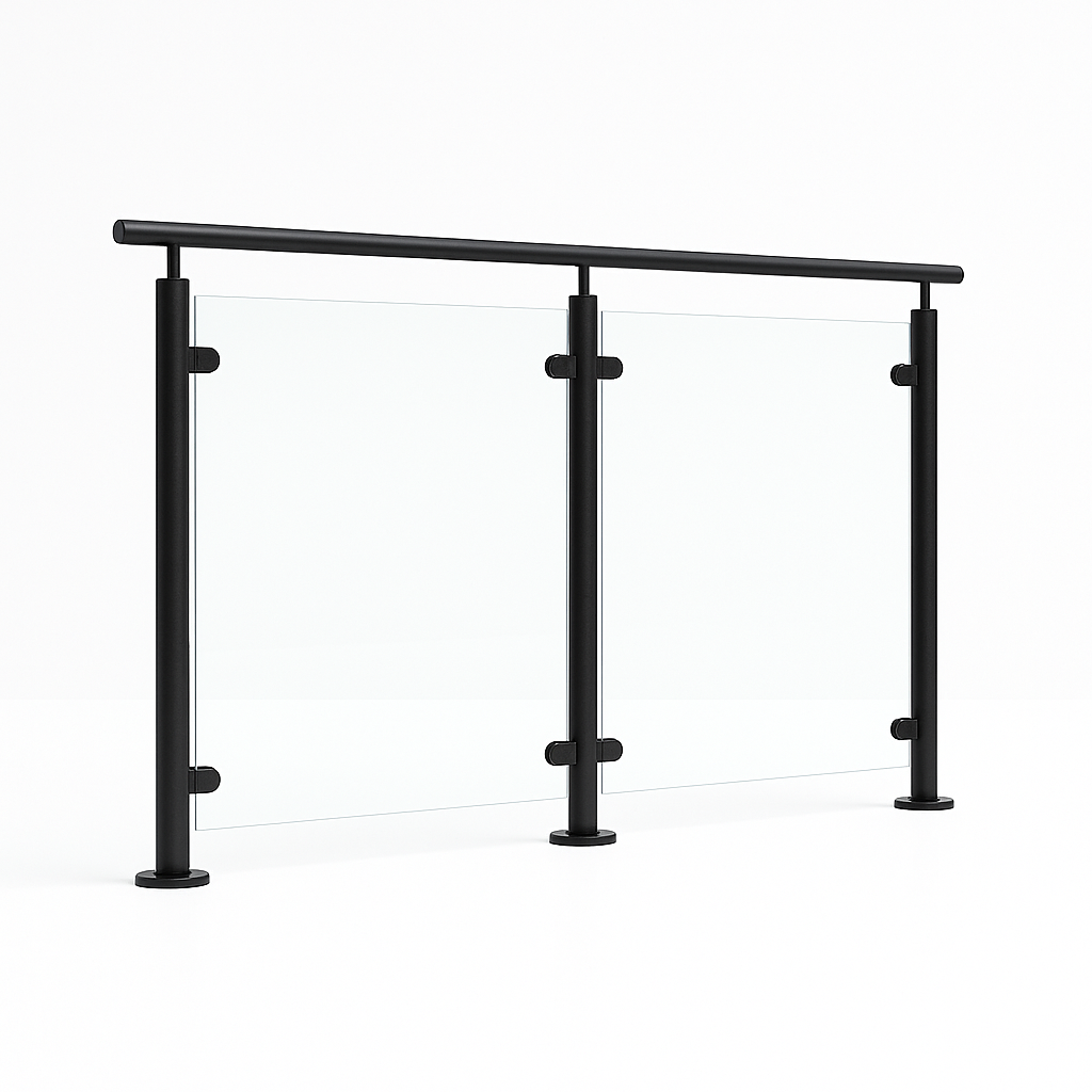 Modern glass railing system featuring matte black posts for a bold, contemporary look. Modern glass railing system featuring matte black posts for a bold, contemporary look.