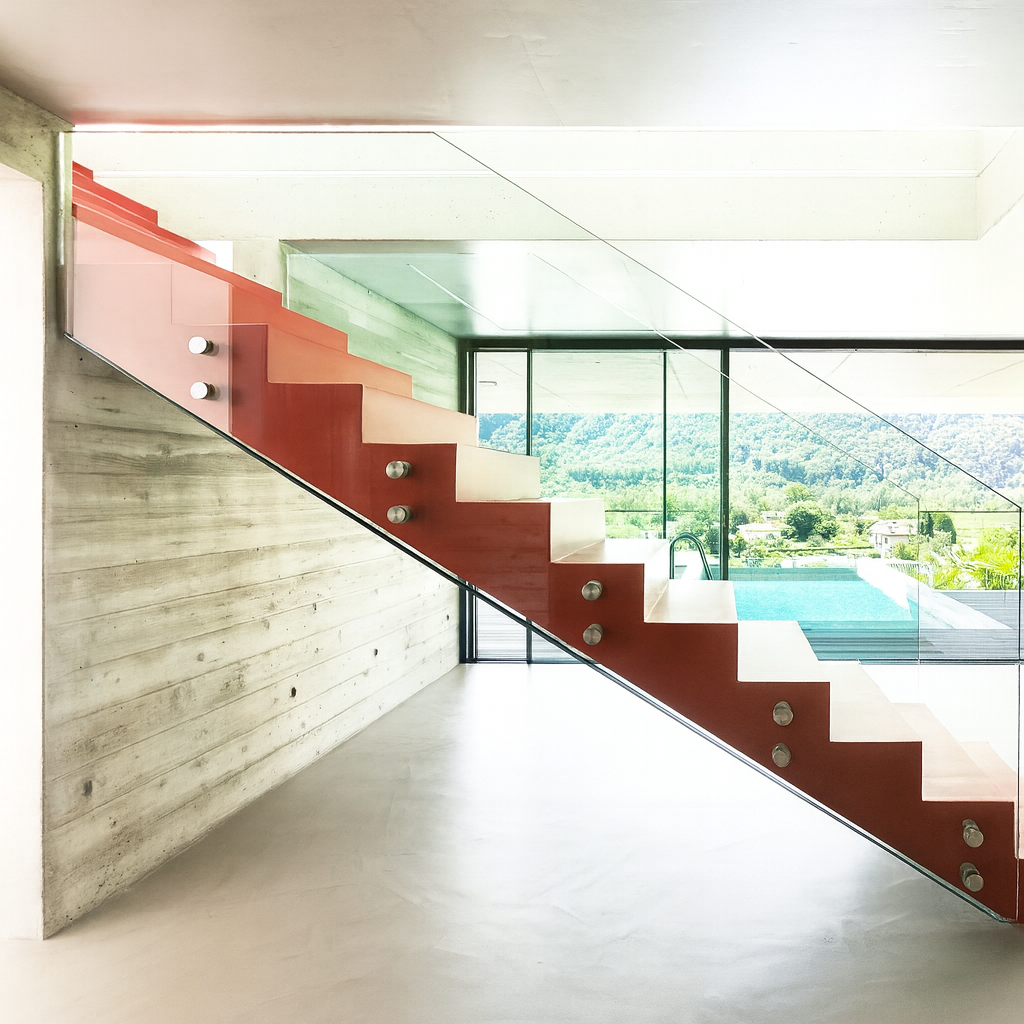 Ultra-modern frameless glass railing mounted with architectural standoffs for a sleek, floating staircase design. Modern frameless glass railing installed on a minimalist staircase with side-mounted standoffs, featuring ultra-clean lines, transparent tempered glass, and a contemporary open-concept interior design.