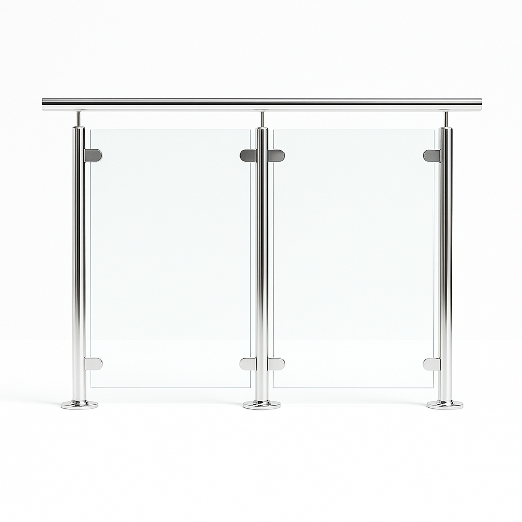 Modern glass railing system featuring polished chrome posts for a sleek, reflective, high-end look. Modern glass railing system featuring polished chrome posts for a sleek, reflective, high-end look.