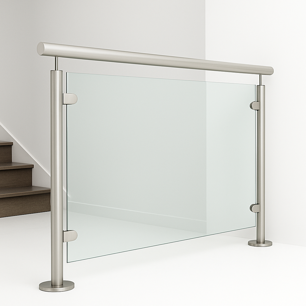 Sleek frameless glass railing system featuring brushed nickel posts for a soft, modern, satin look. Sleek frameless glass railing system featuring brushed nickel posts for a soft, modern, satin look.