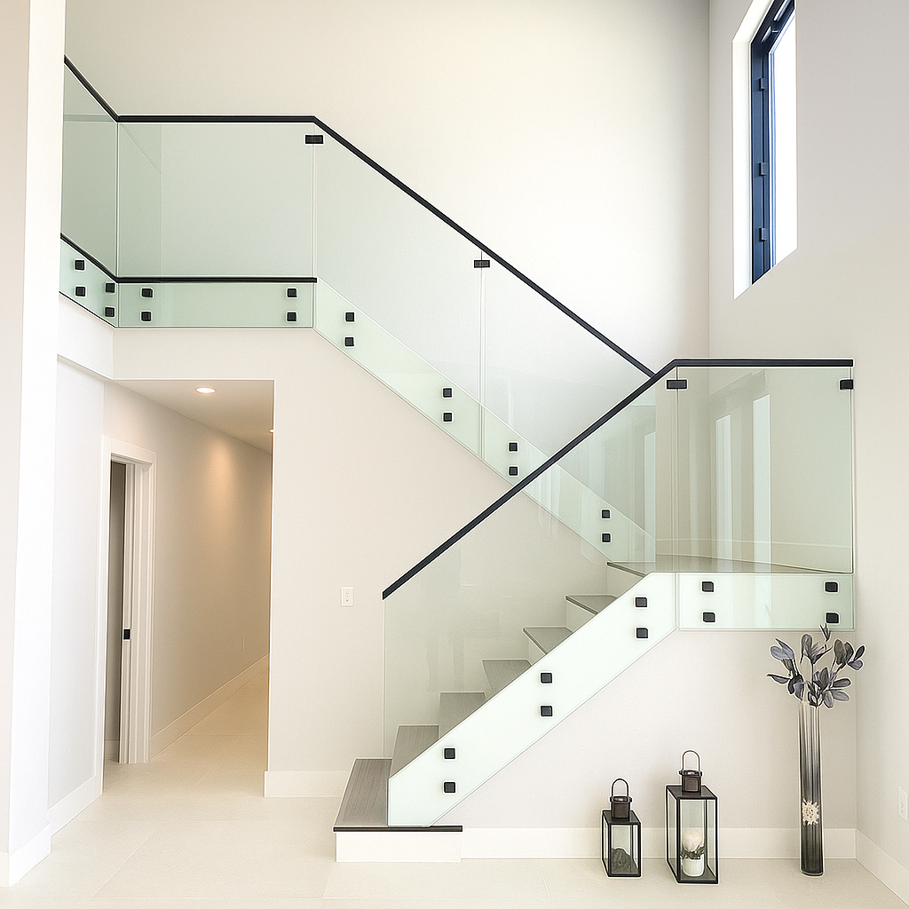 Frameless standoff glass railing with round matte-black hardware and matching handrail for a bold, modern staircase design. Frameless standoff glass railing with round matte-black hardware and matching handrail for a bold, modern staircase design.
