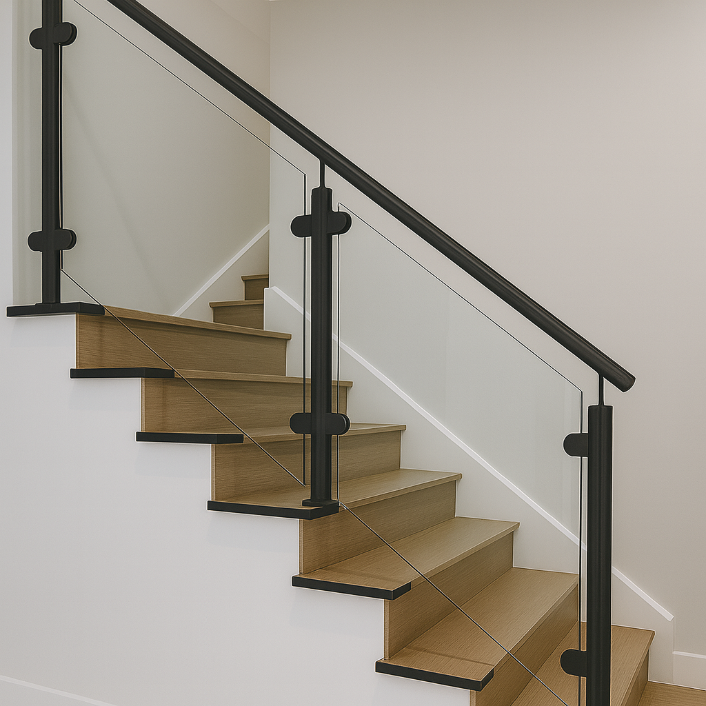 Bold matte black post system paired with frameless glass for a striking modern staircase design. Bold matte black post system paired with frameless glass for a striking modern staircase design.